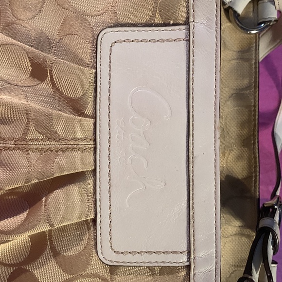 White and tan coach canvas with leather trim. - Picture 2 of 13